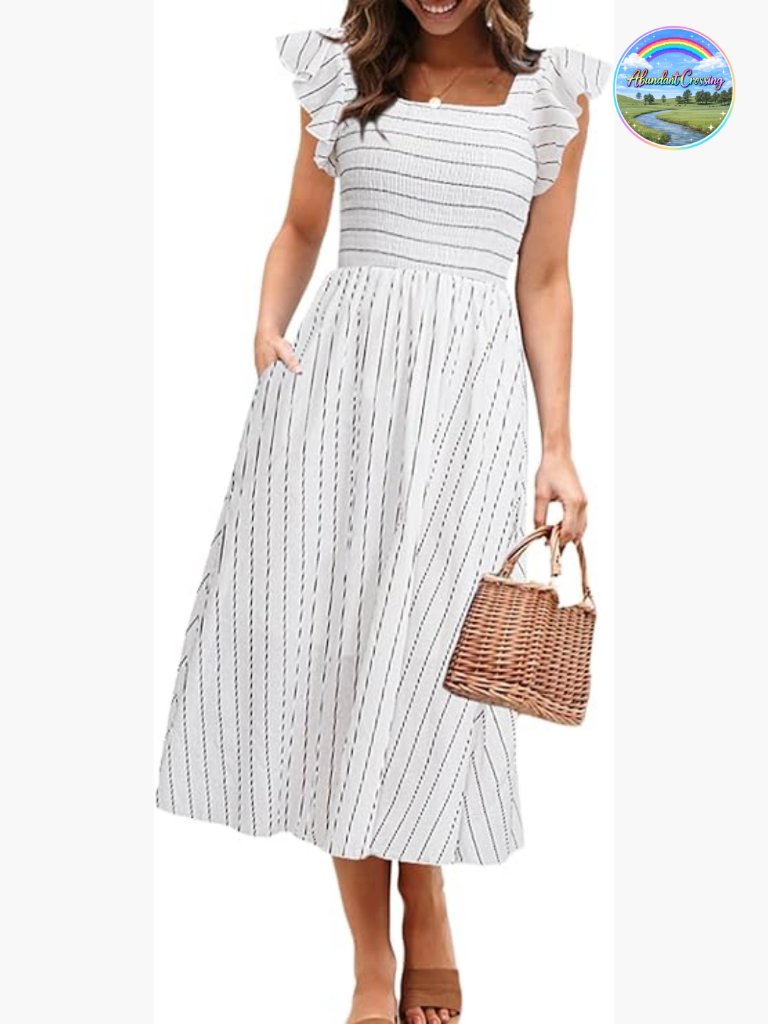 Flutter Sleeve Smocked Midi Dress With Pockets
